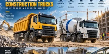 Heavy-duty dump trucks and concrete mixer trucks working on a construction site