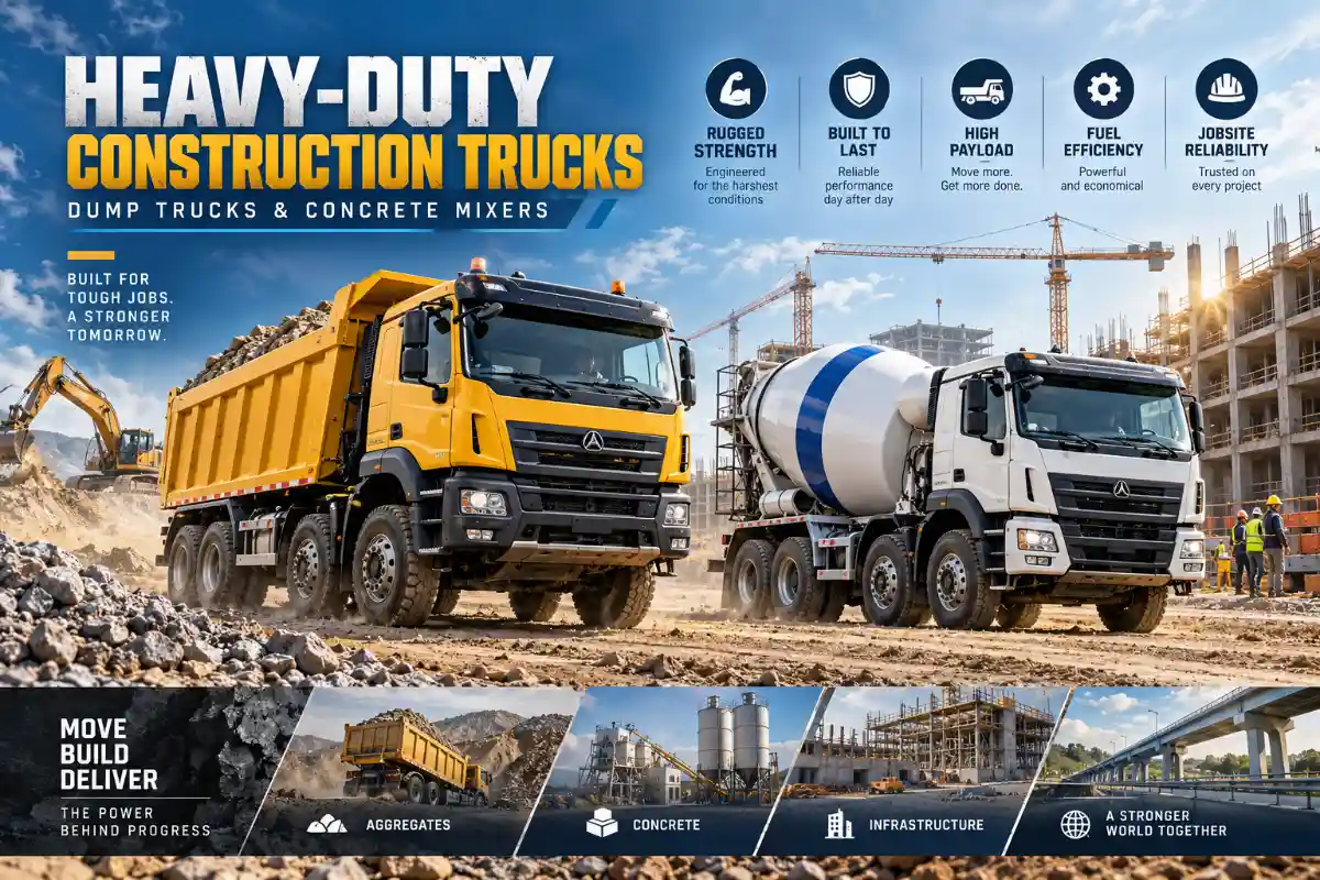 Heavy-duty dump trucks and concrete mixer trucks working on a construction site