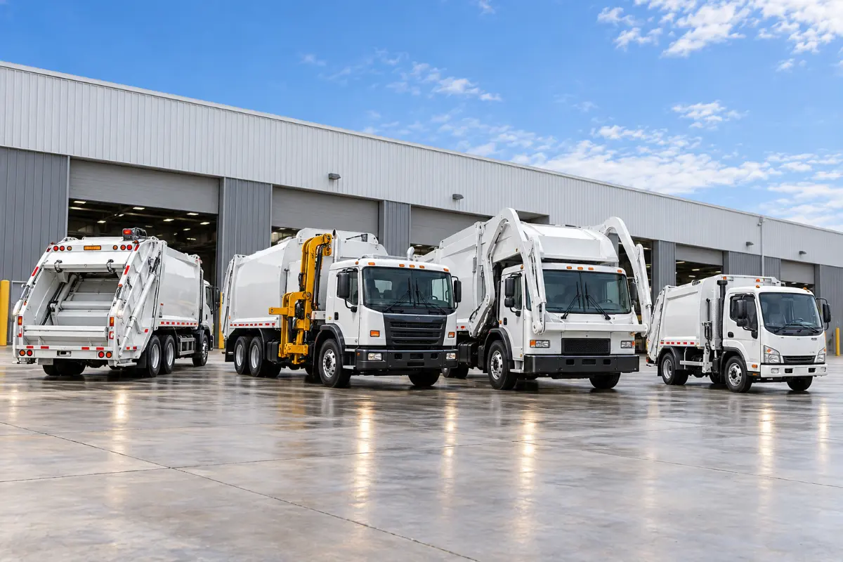 Different garbage truck configurations prepared for customer requirements