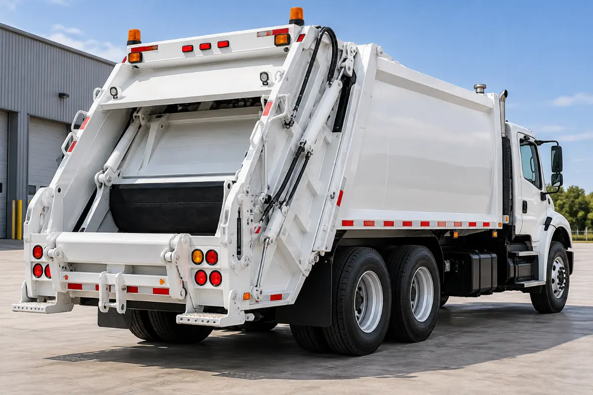 Factory-new rear loader garbage truck ready for waste collection