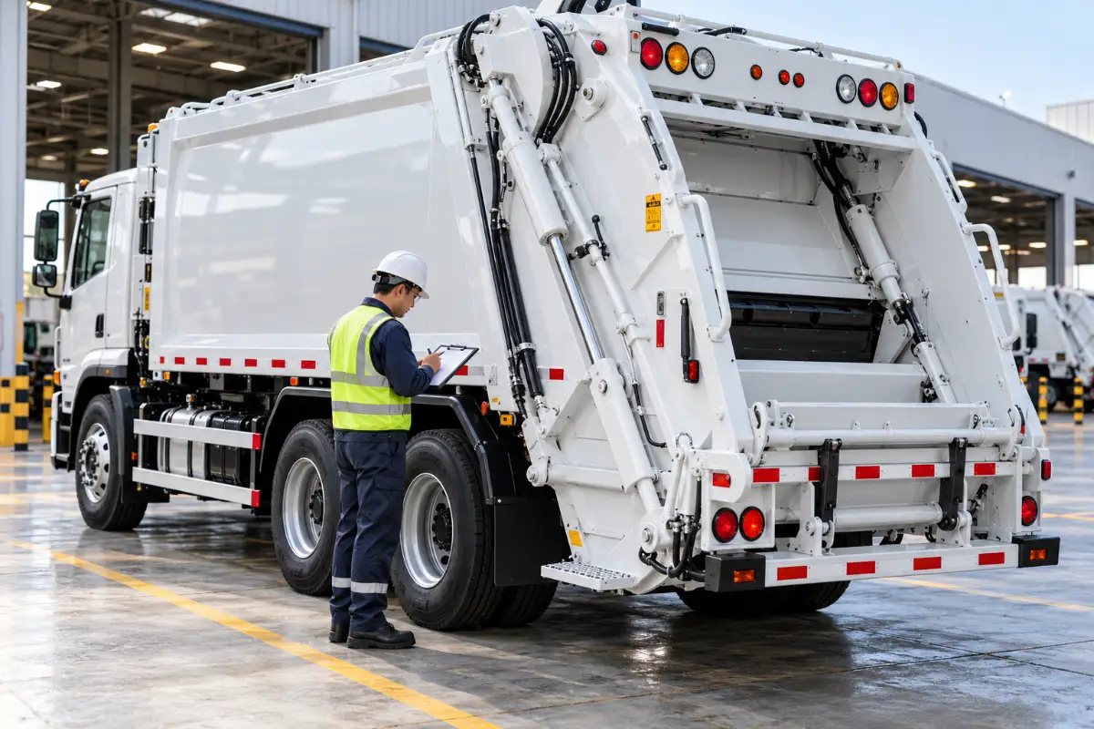 Technician performing a pre-delivery inspection on a garbage truck
