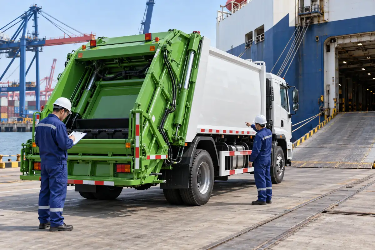 Garbage truck export inspection and shipment preparation