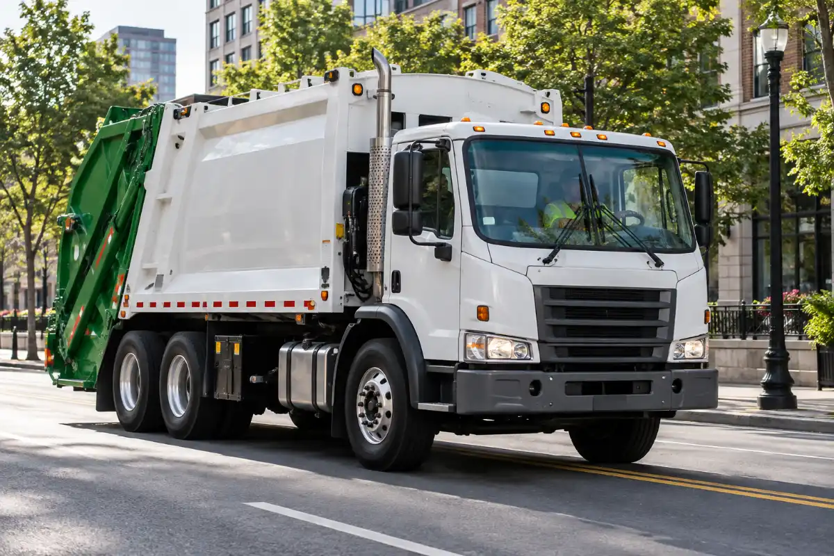 Municipal garbage compactor truck operating on an urban collection route
