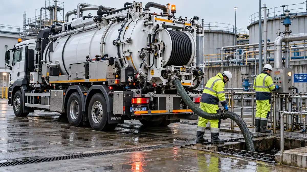 Industrial site wastewater maintenance with a vacuum sewage truck