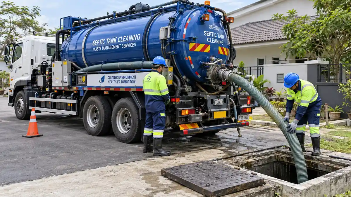 Septic tank cleaning using a vacuum sewage suction truck