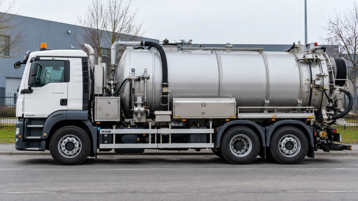 Side view of a vacuum sewage tanker truck