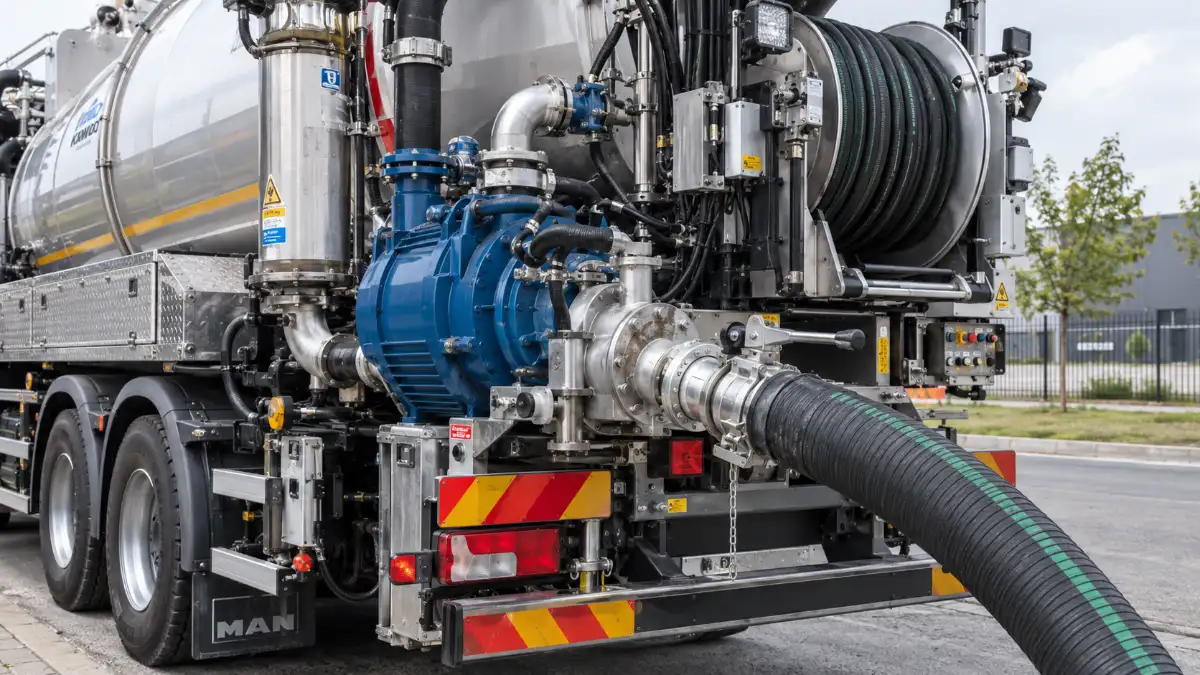 Vacuum pump and suction hose equipment on a sewage suction truck