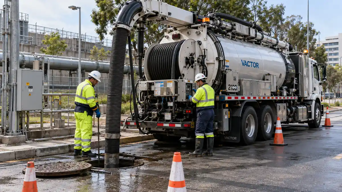 Vacuum sewage truck at a municipal wastewater collection worksite