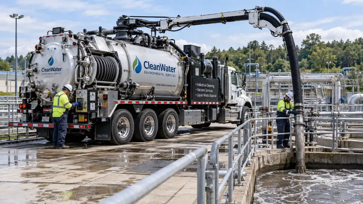 Vacuum truck working at a wastewater treatment facility
